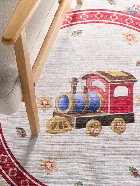 Tappeto rotondo Christmas Train Poliestere - Crema / Rosso