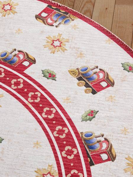 Tappeto rotondo Christmas Train Poliestere - Crema / Rosso