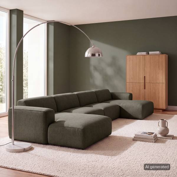 Divano HUDSON con chaise longue XL Tessuto Saia: grigio verde mélange