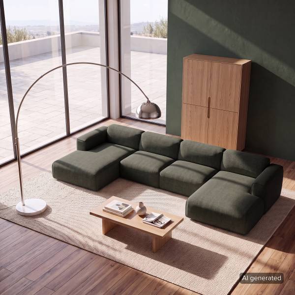 Divano HUDSON con chaise longue XL Tessuto Saia: grigio verde mélange