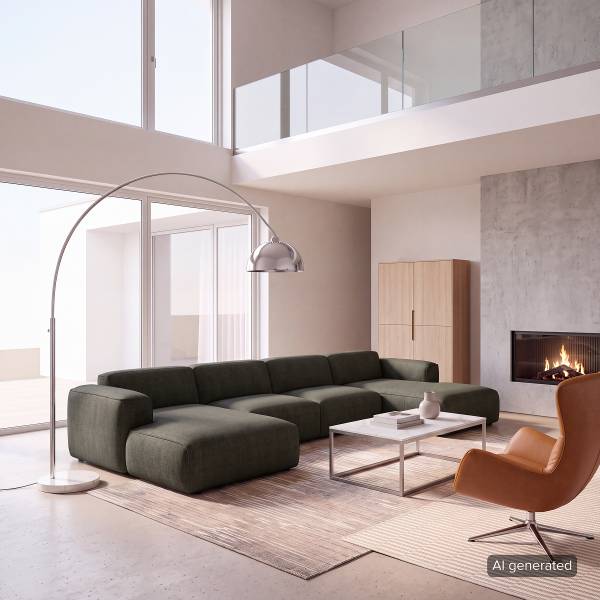 Divano HUDSON con chaise longue XL Tessuto Saia: grigio verde mélange