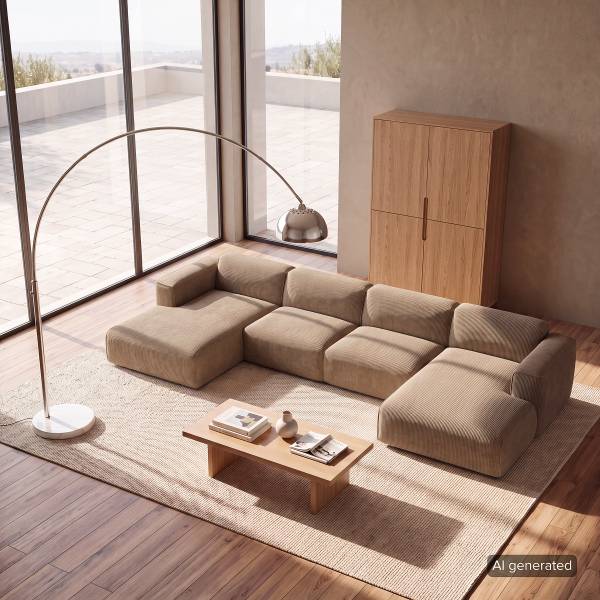 Wohnlandschaft HUDSON mit XL-Longchairs Cordstoff Snor: Taupe