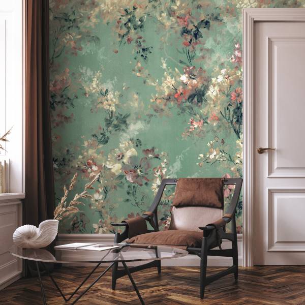 Fotomurale 35096 Fiori e foglie Tessuto non tessuto - Verde / Beige