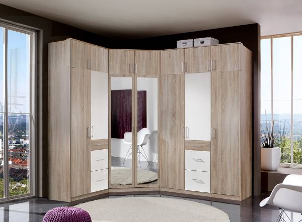 Meuble d'angle Julan Imitation chêne brut de sciage - Avec portes miroir