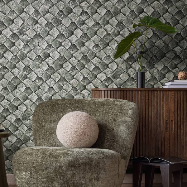 Vliesbehang 86546 Pailletten vlies - groen/grijs