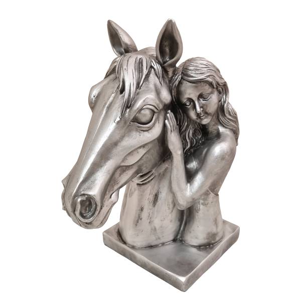 Figur Pferdekopf mit Mädchen Kunstharz - Silber