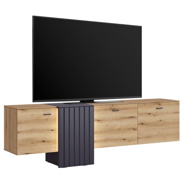 Meuble TV bas lumineux Yegamo Gris / Décor chêne Artisan