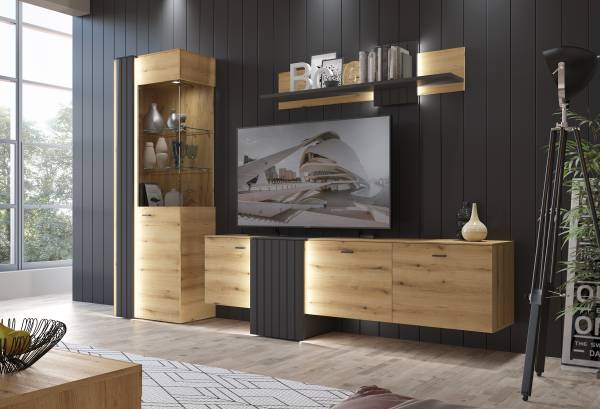 Meuble TV bas lumineux Yegamo Gris / Décor chêne Artisan