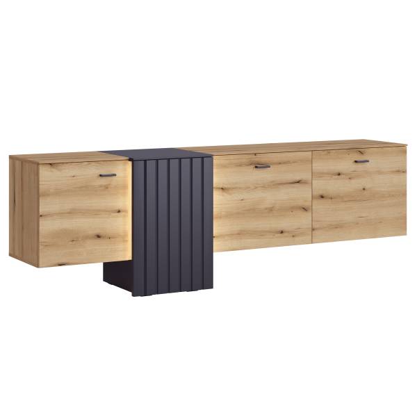 Meuble TV bas lumineux Yegamo Gris / Décor chêne Artisan
