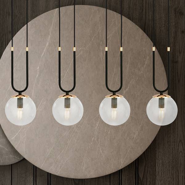Suspension Glam Acier / Verre transparent - Verre clair / Noir - Nb d'ampoules : 4