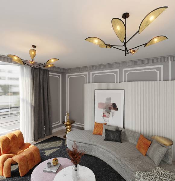 Deckenleuchte Vene Stahl - Schwarz / Beige - Flammenanzahl: 6