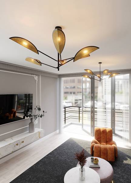 Deckenleuchte Vene Stahl - Schwarz / Beige - Flammenanzahl: 6