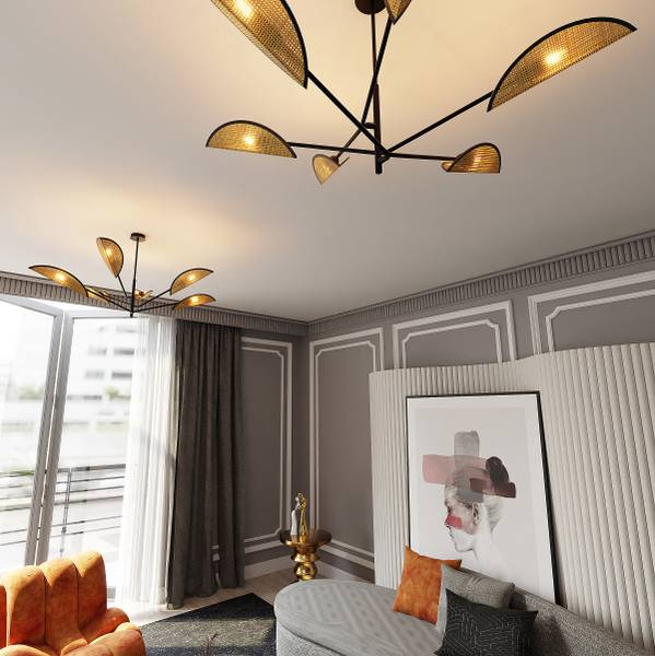 Deckenleuchte Vene Stahl - Schwarz / Beige - Flammenanzahl: 6