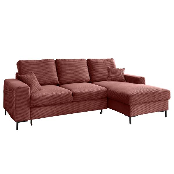 Canapé d’angle convertible Zerib Velours côtelé Duana: Corail - Méridienne courte à droite (vue de face)
