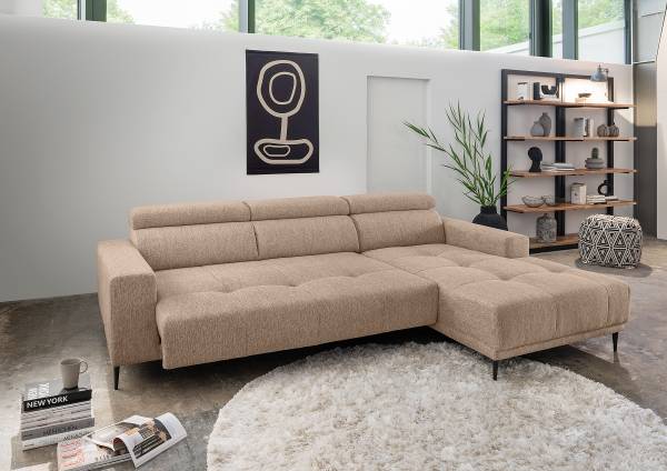Ecksofa Gonra mit Sitztiefenverstellung Webstoff Jimin: Hellbraun - Longchair davorstehend rechts