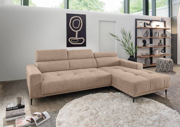 Ecksofa Gonra mit Sitztiefenverstellung Webstoff Jimin: Hellbraun - Longchair davorstehend rechts