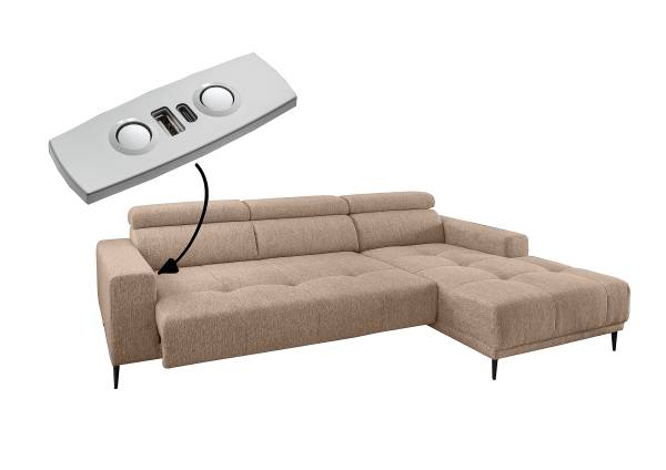 Ecksofa Gonra mit Sitztiefenverstellung Webstoff Jimin: Hellbraun - Longchair davorstehend rechts