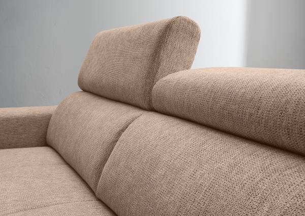 Ecksofa Gonra mit Sitztiefenverstellung Webstoff Jimin: Hellbraun - Longchair davorstehend rechts