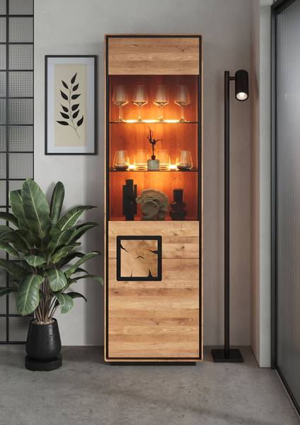 Vitrinekast met verlichting Woodrow eikenhout/zwart - deurscharnier rechts