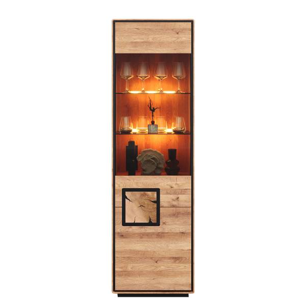 Vitrinekast met verlichting Woodrow eikenhout/zwart - deurscharnier rechts