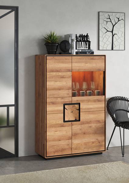 Credenza legno massello Woodrow 100 cm Rovere / Nero - Anta in vetro a destra