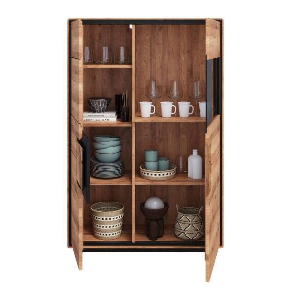 Credenza legno massello Woodrow 100 cm Rovere / Nero - Anta in vetro a destra