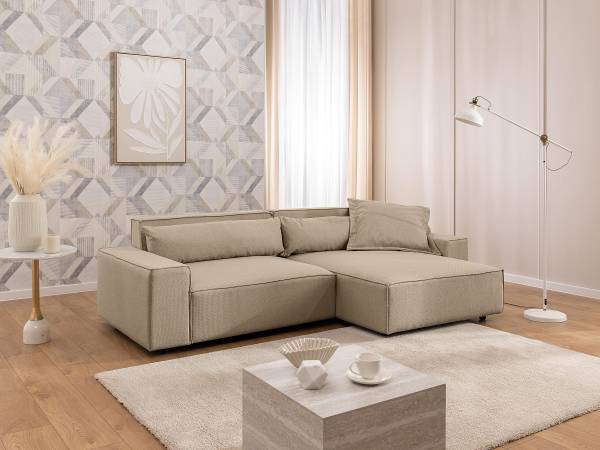 Ecksofa ALVENTO mit Longchair Strukturstoff Barda: Dunkelbeige - Longchair davorstehend rechts