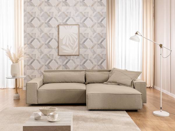 Ecksofa ALVENTO mit Longchair Strukturstoff Barda: Dunkelbeige - Longchair davorstehend rechts