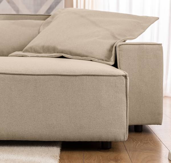Ecksofa ALVENTO mit Longchair Strukturstoff Barda: Dunkelbeige - Longchair davorstehend rechts
