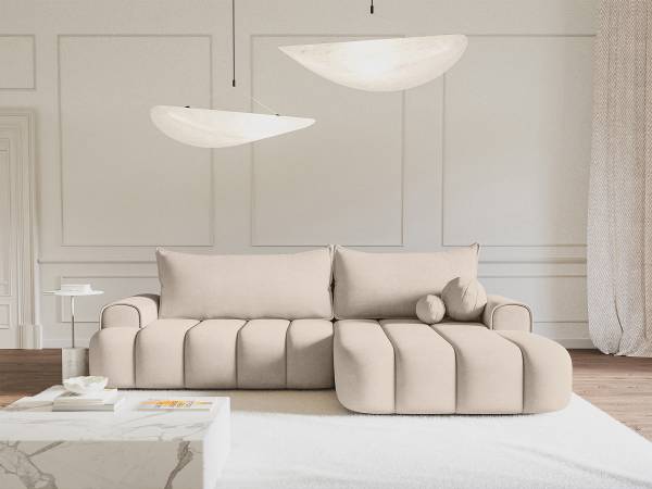 Ecksofa Dandelino mit Schlaffunktion Creme - Longchair davorstehend rechts