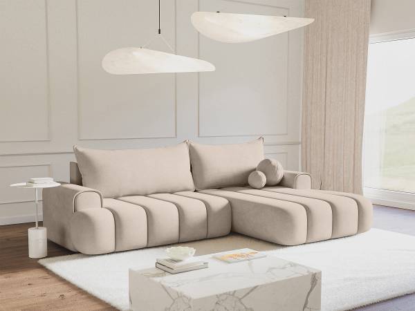 Ecksofa Dandelino mit Schlaffunktion Creme - Longchair davorstehend rechts