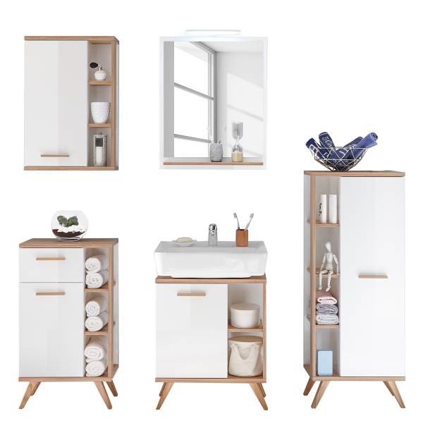 Badset Quickset 923 5-teilig Spiegel Weiß Glanz / Eiche Riviera Eiche