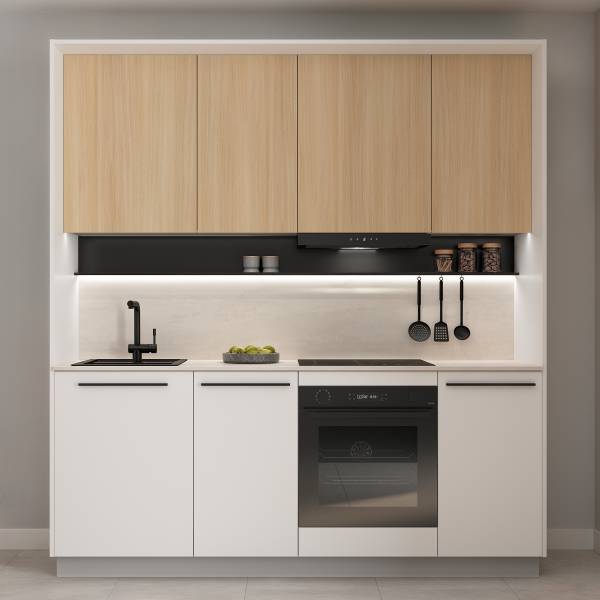 Küchenzeile ARCOO 210cm mit Passepartout Eiche Hell Dekor / Weiß