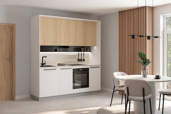 Küchenzeile ARCOO 210cm mit Passepartout Eiche Hell Dekor / Weiß