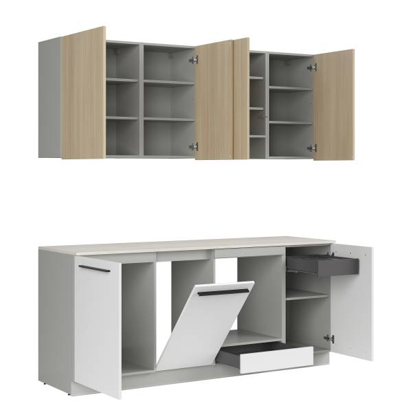 Küchenzeile ARCOO 210cm mit Passepartout Eiche Hell Dekor / Weiß