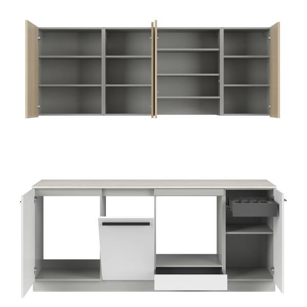 Küchenzeile ARCOO 210cm mit Passepartout Eiche Hell Dekor / Weiß