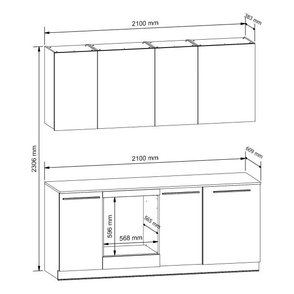 Küchenzeile ARCOO 210cm mit Passepartout Eiche Hell Dekor / Weiß