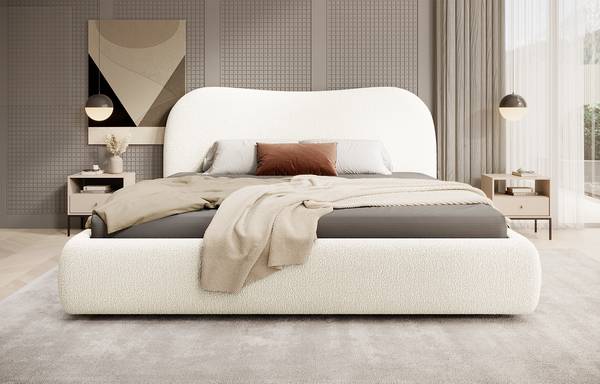 Letto imbottito contenitore Simsalo Tessuto Bouclé Abby: Bianco polare - 160 x 200cm
