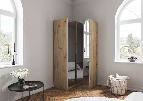 Armadio angolare Alabama specchio grigio Champagne / Effetto quercia Artisan - Larghezza: 100 cm - Alluminio