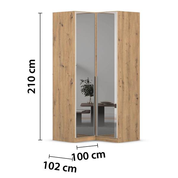 Armadio angolare Alabama specchio grigio Champagne / Effetto quercia Artisan - Larghezza: 100 cm - Alluminio
