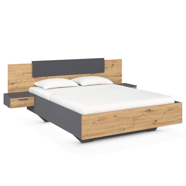 Bed met nachtkastjes Miro type B kunstleer - Artisan eikenlook - metallic grijs - 160 x 200 cm