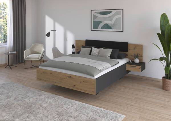 Bed met nachtkastjes Miro type B kunstleer - Artisan eikenlook - metallic grijs - 160 x 200 cm