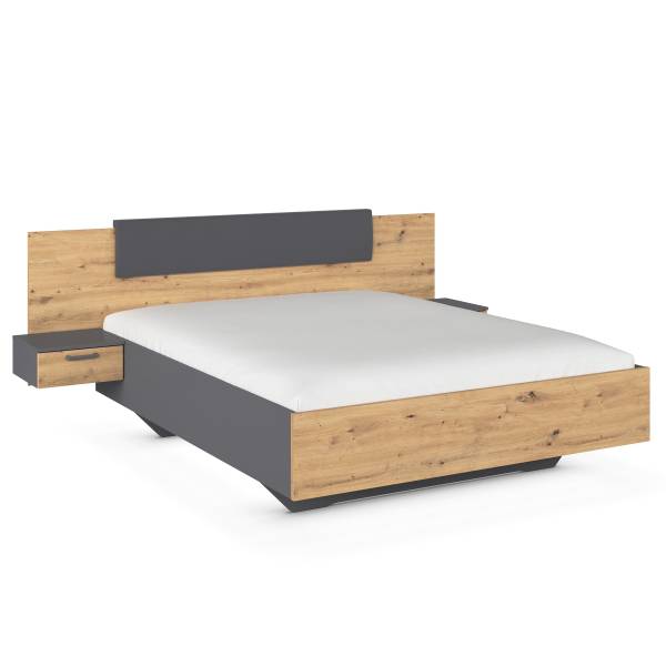 Bed met nachtkastjes Miro type B kunstleer - Artisan eikenlook - metallic grijs - 160 x 200 cm