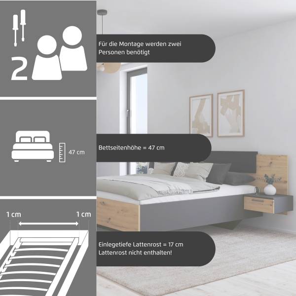 Bed met nachtkastjes Miro type B kunstleer - Artisan eikenlook - metallic grijs - 160 x 200 cm
