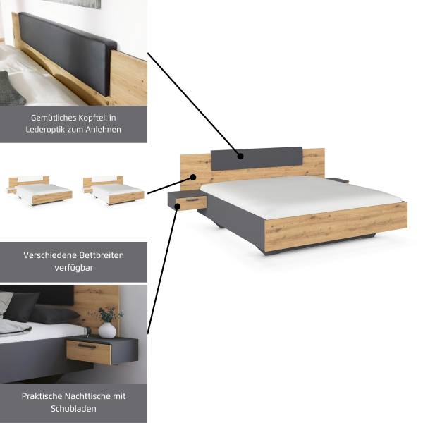 Bed met nachtkastjes Miro type B kunstleer - Artisan eikenlook - metallic grijs - 160 x 200 cm