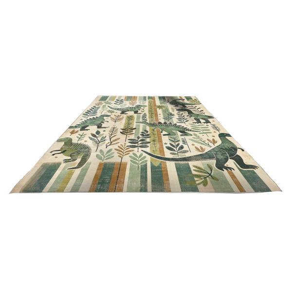 Kurzflorteppich Dinosaurier mit Streifen Polyester - Mehrfarbig - 60 x 152 cm