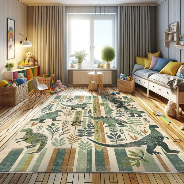 Kurzflorteppich Dinosaurier mit Streifen Polyester - Mehrfarbig - 60 x 152 cm