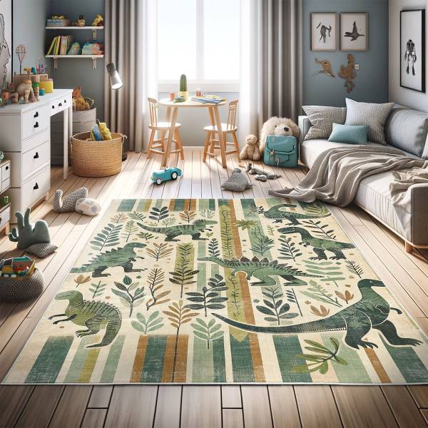 Kurzflorteppich Dinosaurier mit Streifen Polyester - Mehrfarbig - 60 x 152 cm