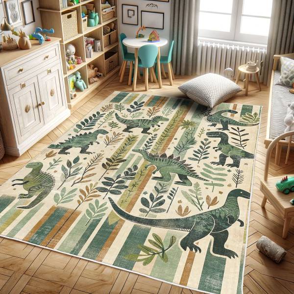 Kurzflorteppich Dinosaurier mit Streifen Polyester - Mehrfarbig - 60 x 152 cm