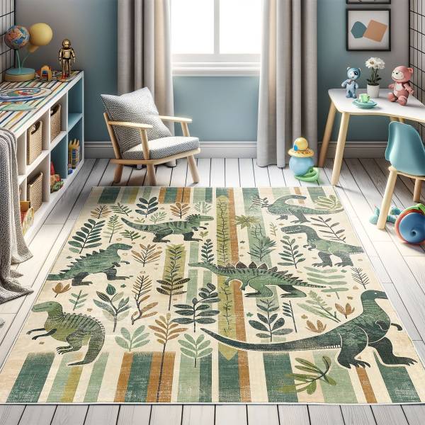 Kurzflorteppich Dinosaurier mit Streifen Polyester - Mehrfarbig - 60 x 152 cm